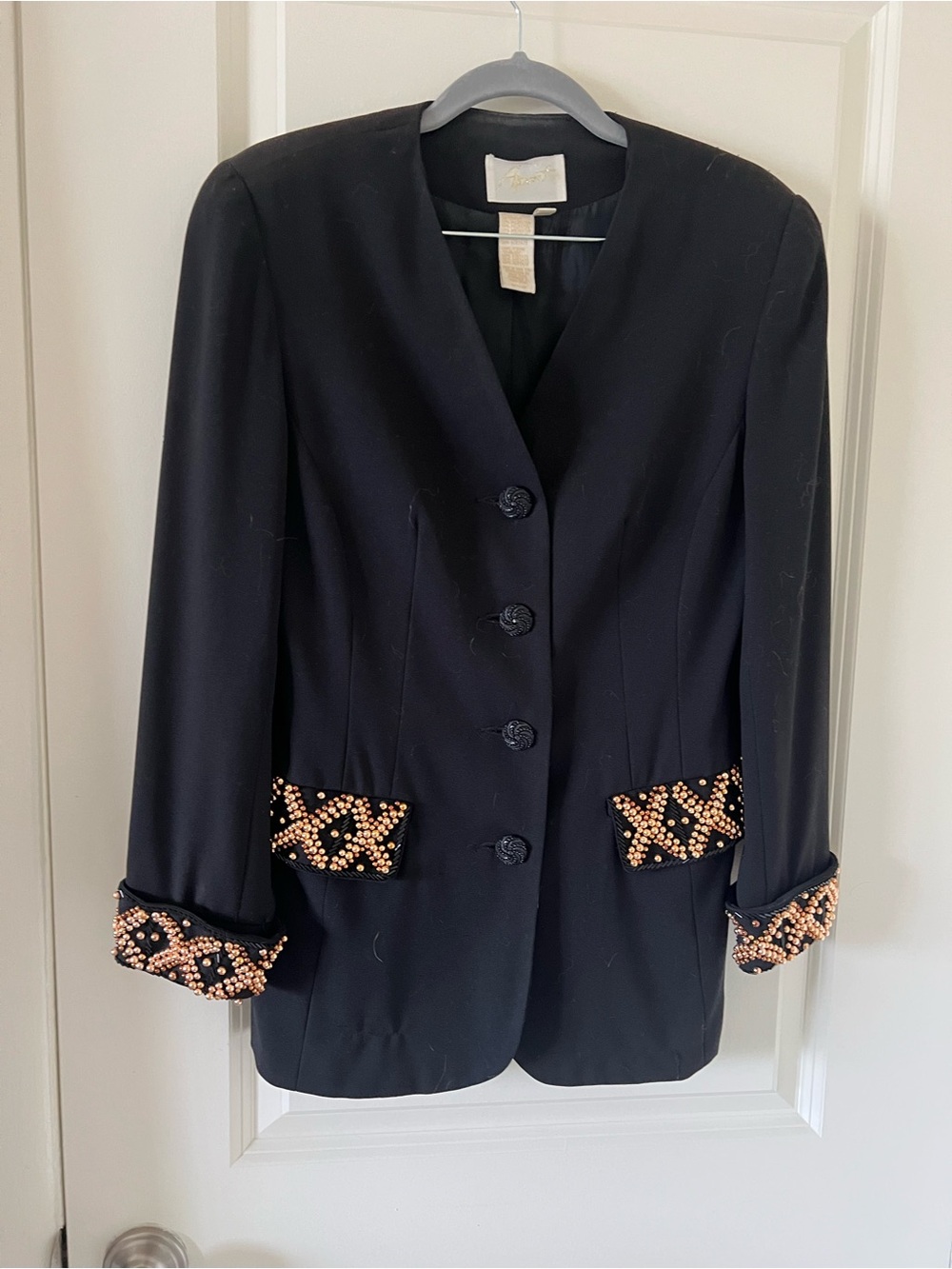 Vintage 80s Women's Gold Studded Beaded Cuff & Pocket Fitted Blazer